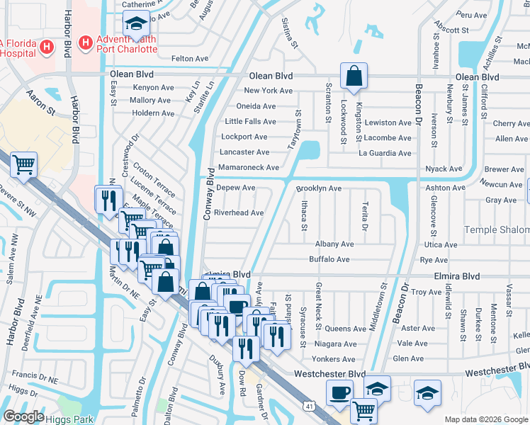 map of restaurants, bars, coffee shops, grocery stores, and more near 3299 Depew Avenue in Port Charlotte