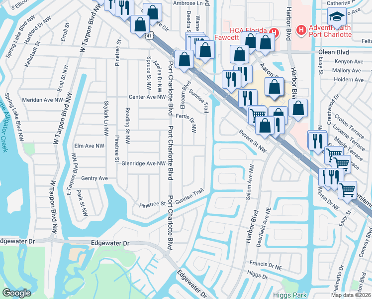 map of restaurants, bars, coffee shops, grocery stores, and more near 167 Bradley Street Northwest in Port Charlotte