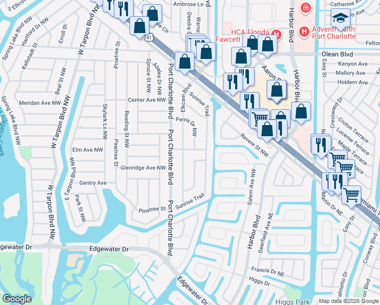 map of restaurants, bars, coffee shops, grocery stores, and more near 167 Bradley Street Northwest in Port Charlotte