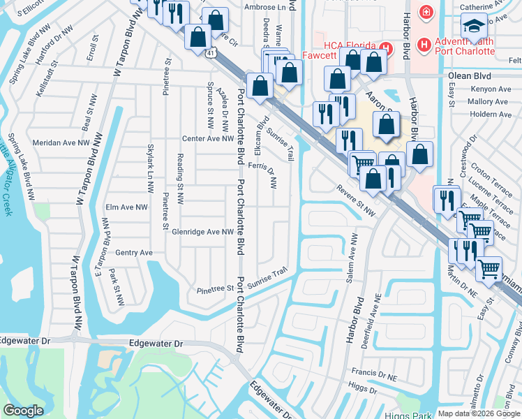 map of restaurants, bars, coffee shops, grocery stores, and more near 167 Bradley Street Northwest in Port Charlotte