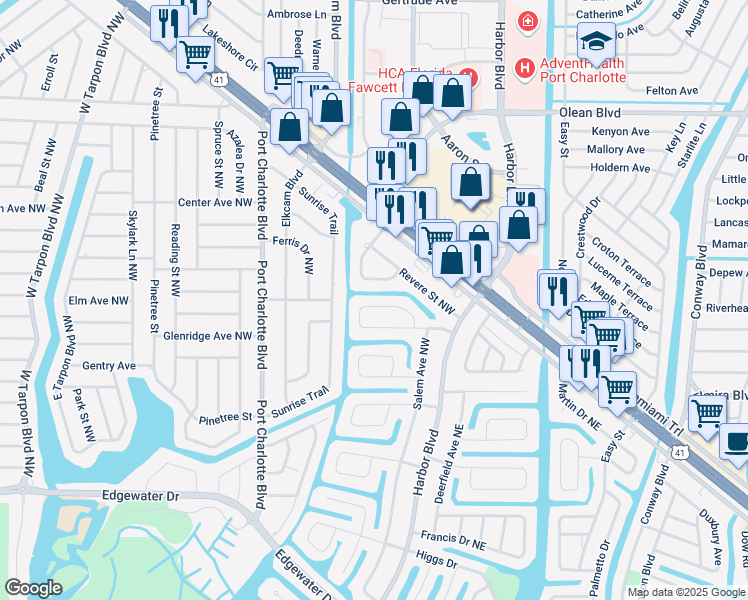 map of restaurants, bars, coffee shops, grocery stores, and more near 152 Barre Drive Northwest in Port Charlotte