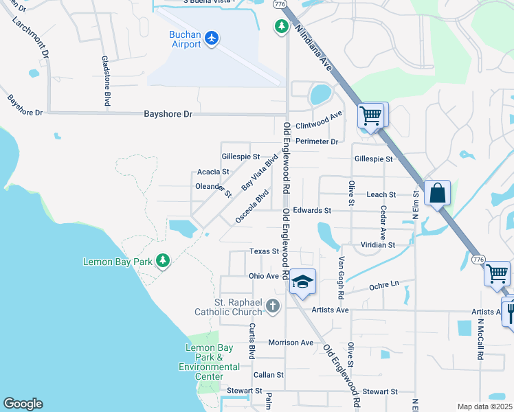 map of restaurants, bars, coffee shops, grocery stores, and more near 965 Osceola Boulevard in Englewood