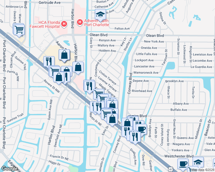 map of restaurants, bars, coffee shops, grocery stores, and more near 3389 Maple Terrace in Port Charlotte