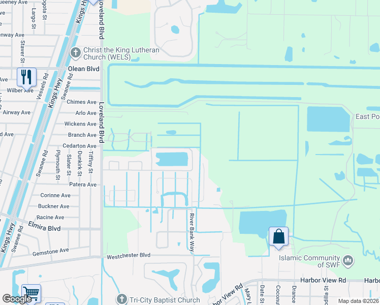 map of restaurants, bars, coffee shops, grocery stores, and more near 3895 River Bank Way in Punta Gorda