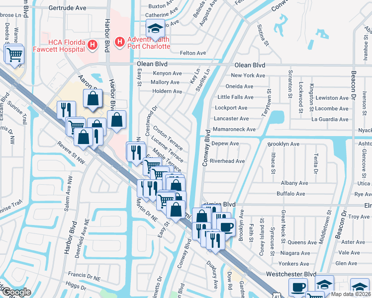 map of restaurants, bars, coffee shops, grocery stores, and more near 3281 Easy Street in Port Charlotte