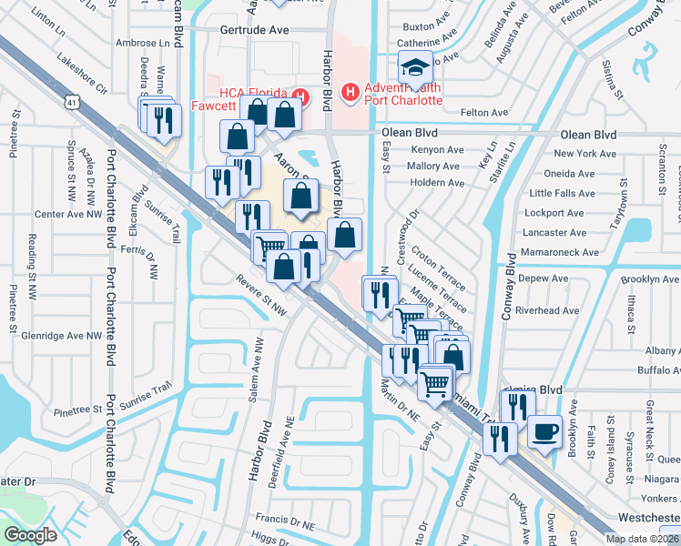 map of restaurants, bars, coffee shops, grocery stores, and more near 3390 Tamiami Trail in Port Charlotte
