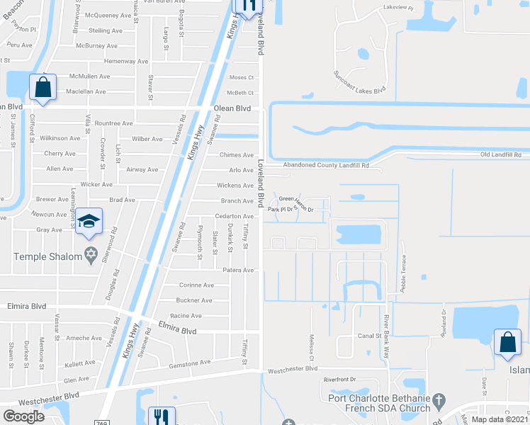 map of restaurants, bars, coffee shops, grocery stores, and more near 24001 Park Place Drive South in Port Charlotte