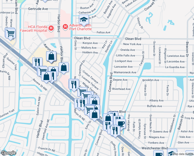 map of restaurants, bars, coffee shops, grocery stores, and more near 3281 Easy Street in Port Charlotte