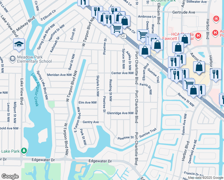 map of restaurants, bars, coffee shops, grocery stores, and more near 411 Reading Street Northwest in Port Charlotte