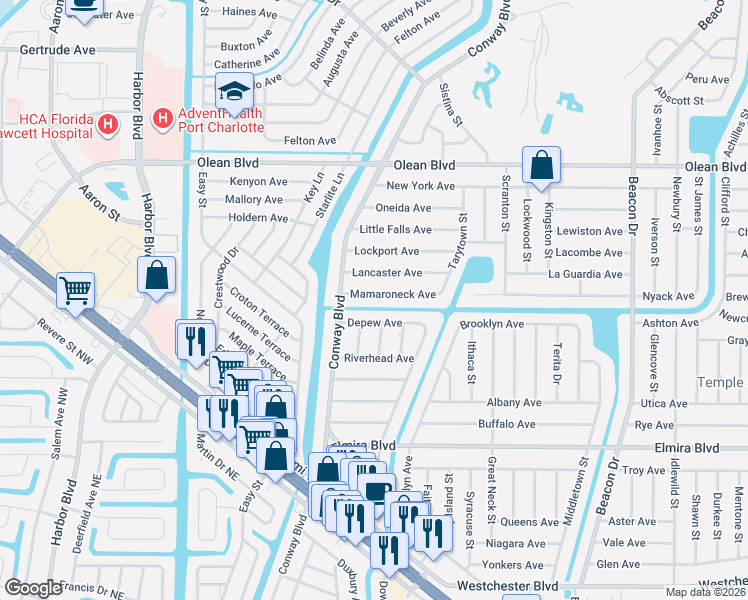 map of restaurants, bars, coffee shops, grocery stores, and more near 3188 Depew Avenue in Port Charlotte