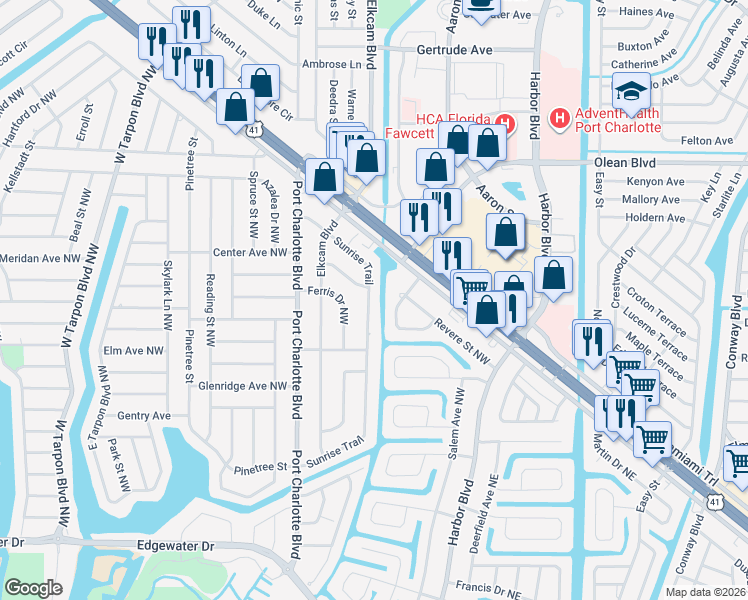 map of restaurants, bars, coffee shops, grocery stores, and more near 3250 Sunrise Trail in Port Charlotte