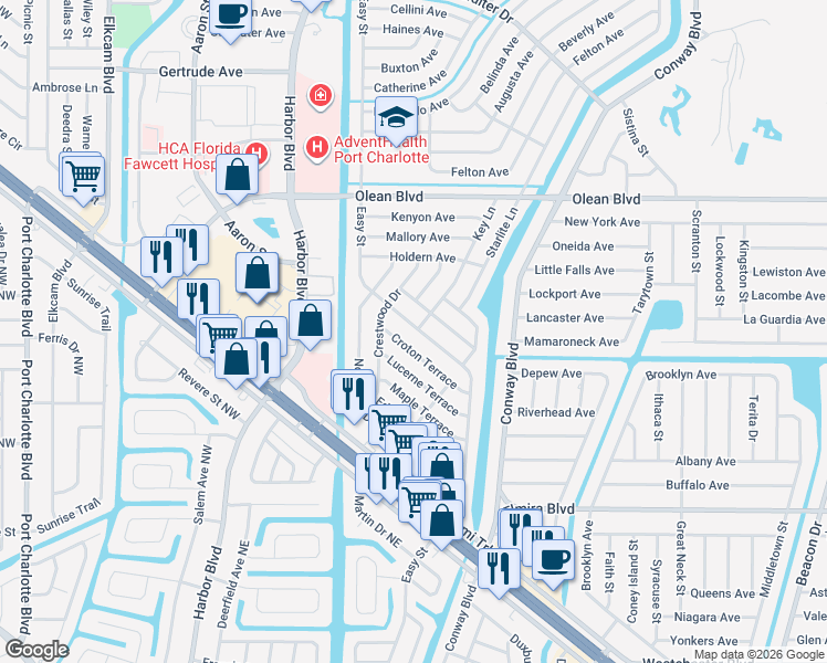 map of restaurants, bars, coffee shops, grocery stores, and more near 3215 Easy Street in Port Charlotte