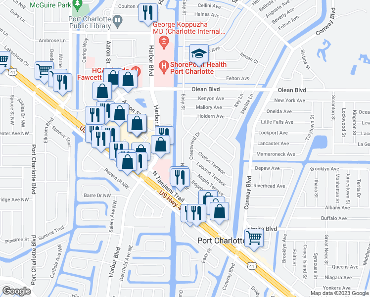 map of restaurants, bars, coffee shops, grocery stores, and more near 3204 Normandy Drive in Port Charlotte