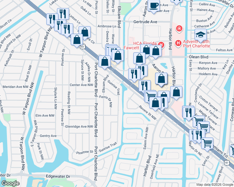 map of restaurants, bars, coffee shops, grocery stores, and more near 138 Tradewinds Drive Northwest in Port Charlotte