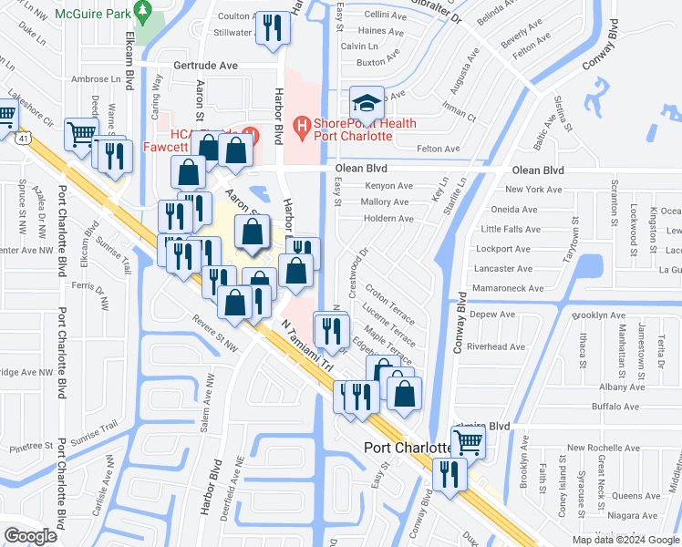 map of restaurants, bars, coffee shops, grocery stores, and more near 3196 Normandy Drive in Port Charlotte