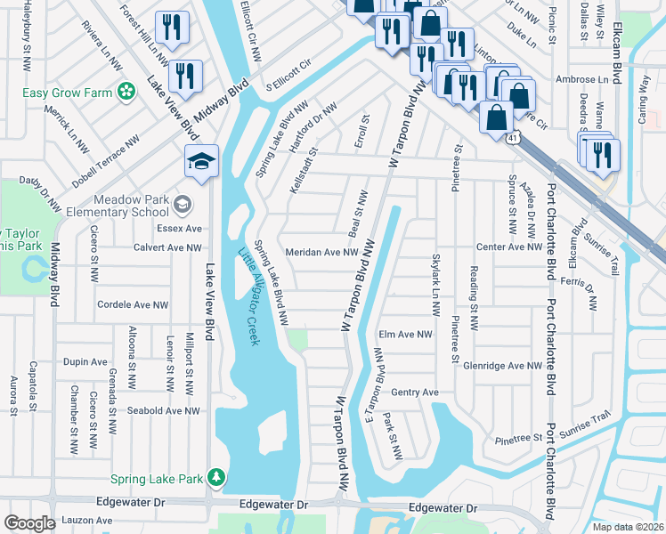 map of restaurants, bars, coffee shops, grocery stores, and more near 536 Lakehurst Avenue Northwest in Port Charlotte