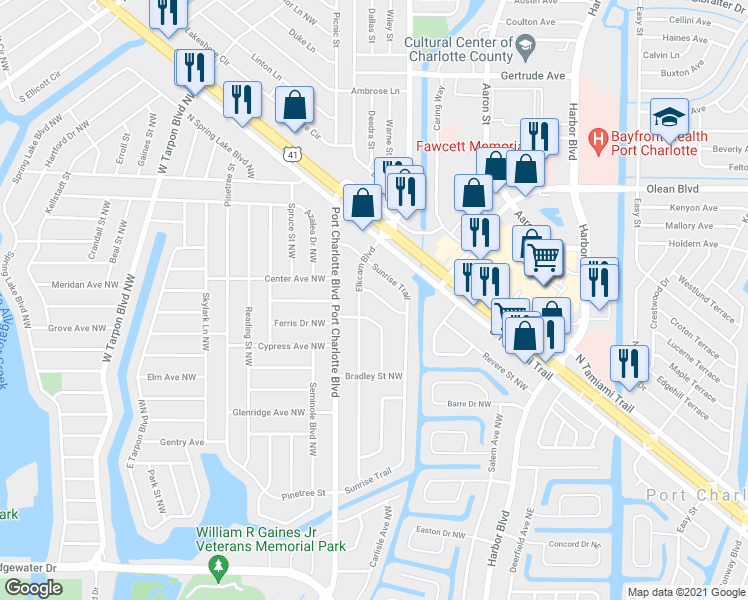 map of restaurants, bars, coffee shops, grocery stores, and more near 171 Tradewinds Drive Northwest in Port Charlotte