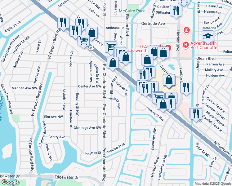 map of restaurants, bars, coffee shops, grocery stores, and more near 171 Tradewinds Drive Northwest in Port Charlotte