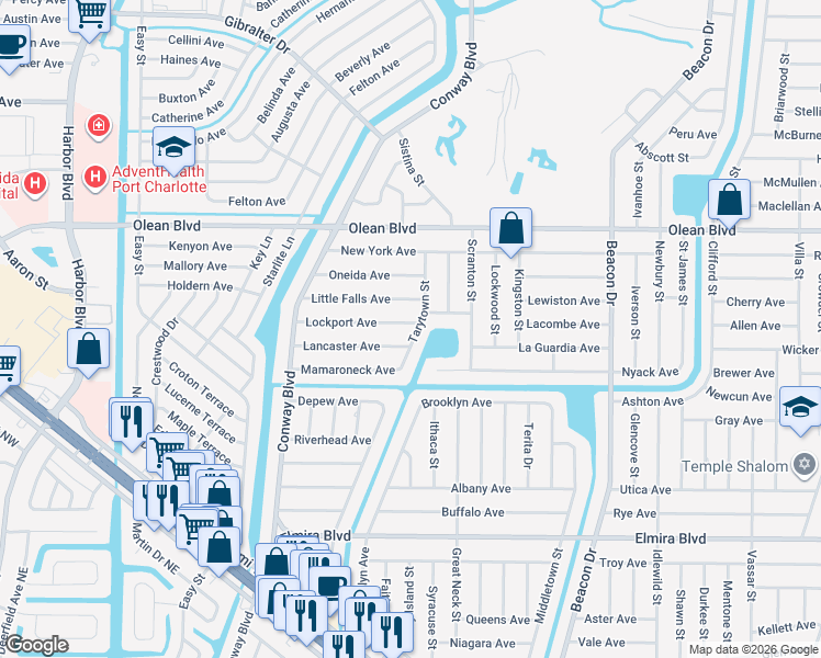 map of restaurants, bars, coffee shops, grocery stores, and more near 22245 Little Falls Avenue in Port Charlotte