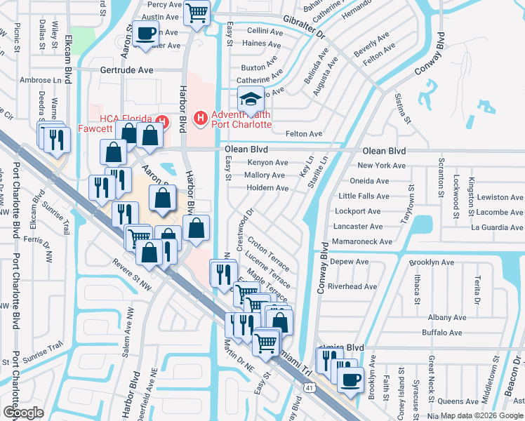 map of restaurants, bars, coffee shops, grocery stores, and more near 3157 Whiting Lane in Port Charlotte