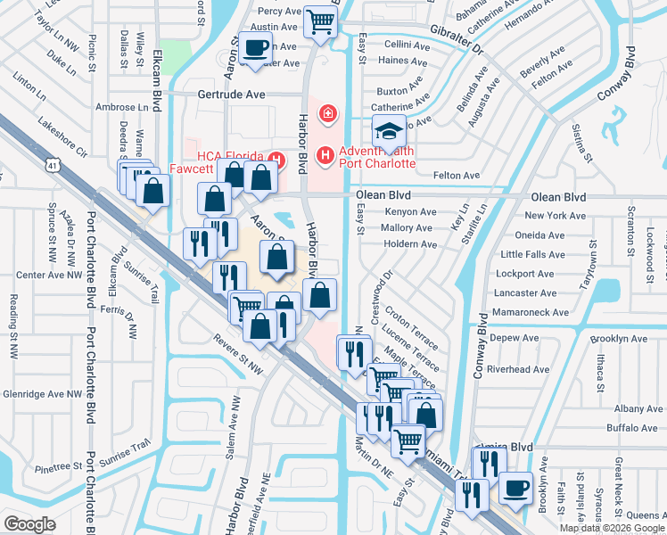 map of restaurants, bars, coffee shops, grocery stores, and more near 3100 Harbor Boulevard in Port Charlotte
