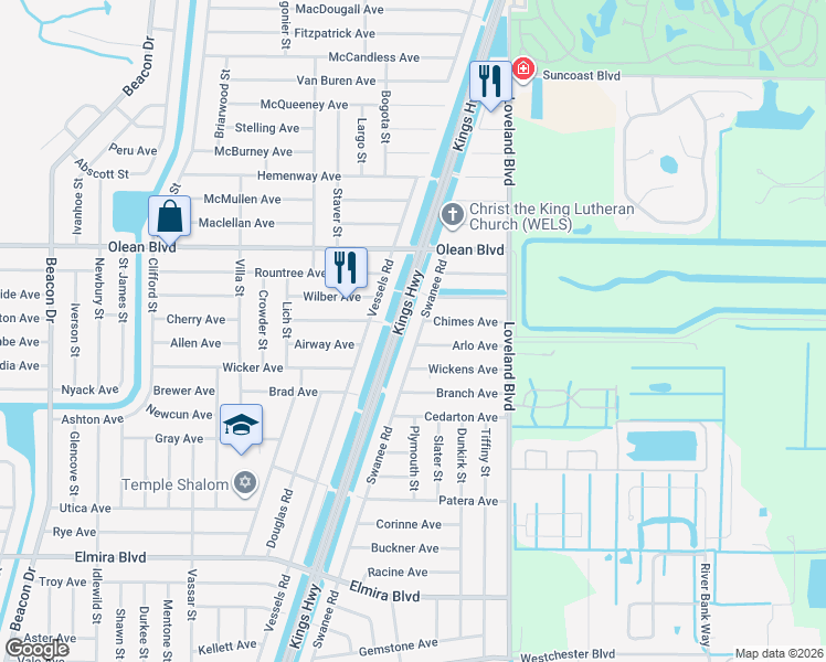 map of restaurants, bars, coffee shops, grocery stores, and more near 3161 Swanee Road in Port Charlotte