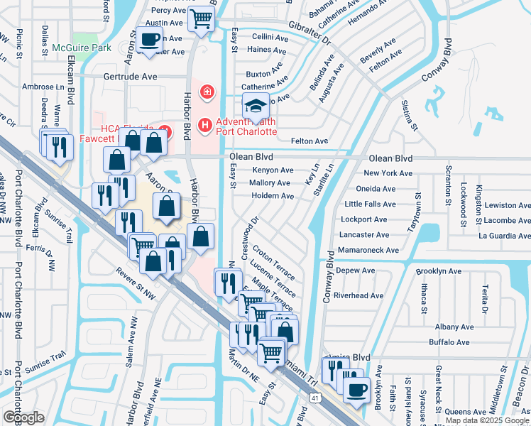 map of restaurants, bars, coffee shops, grocery stores, and more near 3124 Crestwood Drive in Port Charlotte