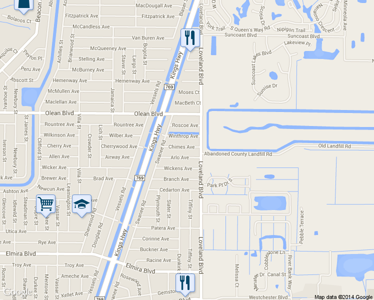 map of restaurants, bars, coffee shops, grocery stores, and more near 23493 Chimes Avenue in Port Charlotte
