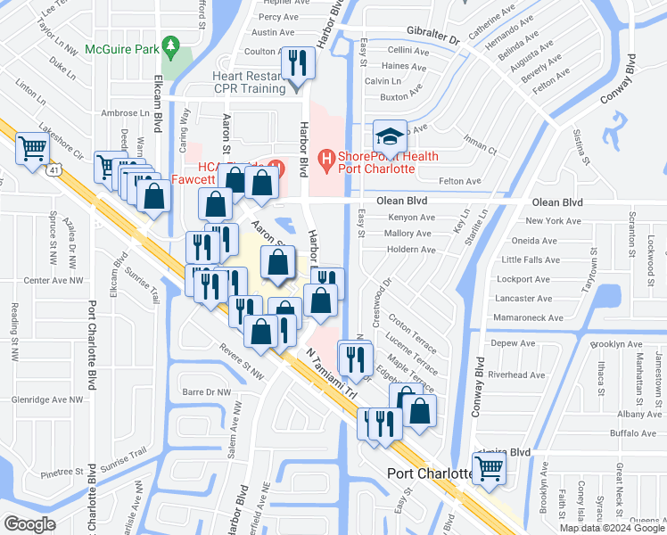 map of restaurants, bars, coffee shops, grocery stores, and more near 3100 Harbor Boulevard in Port Charlotte