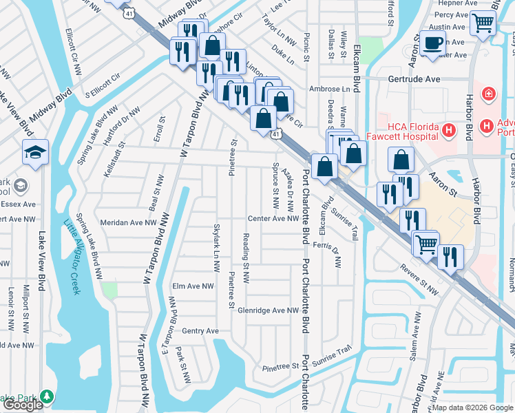 map of restaurants, bars, coffee shops, grocery stores, and more near 518 Ridgewood Street Northwest in Port Charlotte
