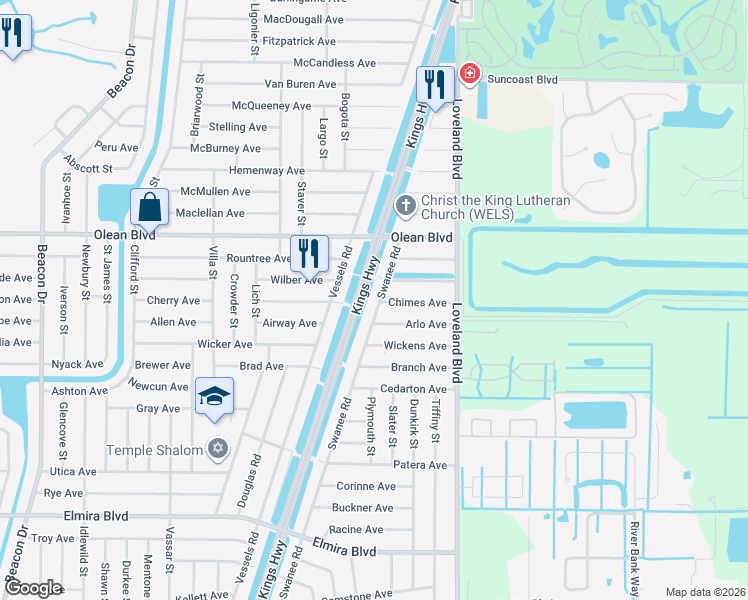 map of restaurants, bars, coffee shops, grocery stores, and more near 3161 Swanee Road in Port Charlotte