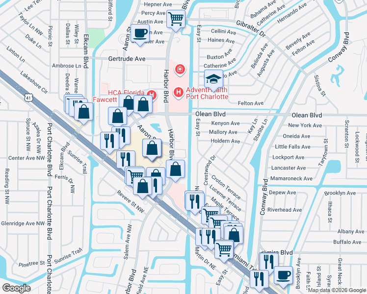 map of restaurants, bars, coffee shops, grocery stores, and more near 3100 Harbor Boulevard in Port Charlotte
