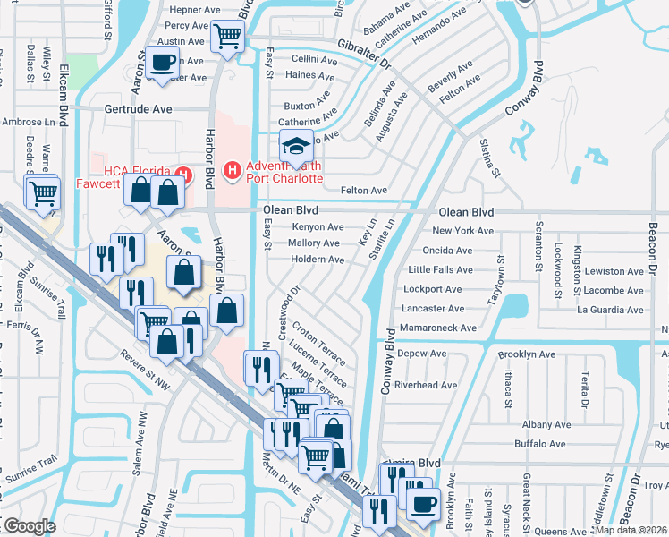 map of restaurants, bars, coffee shops, grocery stores, and more near 3123 Key Lane in Port Charlotte