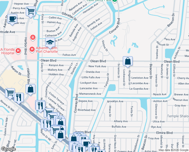 map of restaurants, bars, coffee shops, grocery stores, and more near 22180 Little Falls Avenue in Port Charlotte