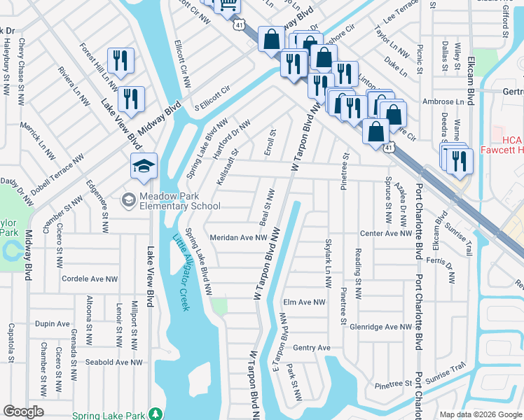 map of restaurants, bars, coffee shops, grocery stores, and more near 522 Beal Street Northwest in Port Charlotte
