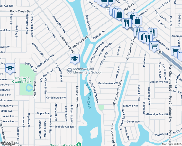 map of restaurants, bars, coffee shops, grocery stores, and more near 607 Hartford Drive Northwest in Port Charlotte