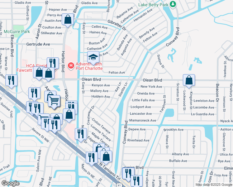 map of restaurants, bars, coffee shops, grocery stores, and more near 2725 Starlite Lane in Port Charlotte