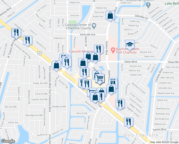 map of restaurants, bars, coffee shops, grocery stores, and more near 21205 Olean Boulevard in Port Charlotte