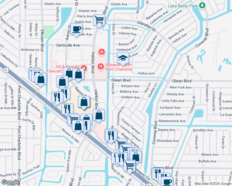 map of restaurants, bars, coffee shops, grocery stores, and more near 21431 Mallory Avenue in Port Charlotte