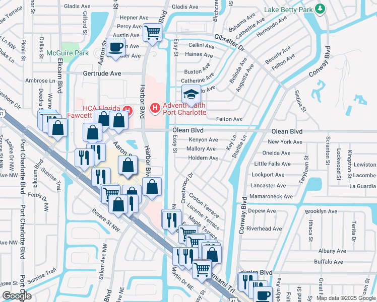 map of restaurants, bars, coffee shops, grocery stores, and more near 21455 Mallory Avenue in Port Charlotte