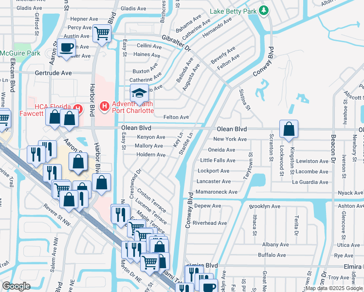 map of restaurants, bars, coffee shops, grocery stores, and more near 2725 Starlite Lane in Port Charlotte