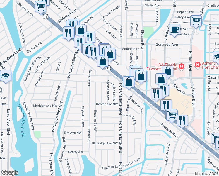 map of restaurants, bars, coffee shops, grocery stores, and more near 573 Spruce Street Northwest in Port Charlotte