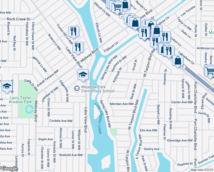map of restaurants, bars, coffee shops, grocery stores, and more near 607 Hartford Drive Northwest in Port Charlotte