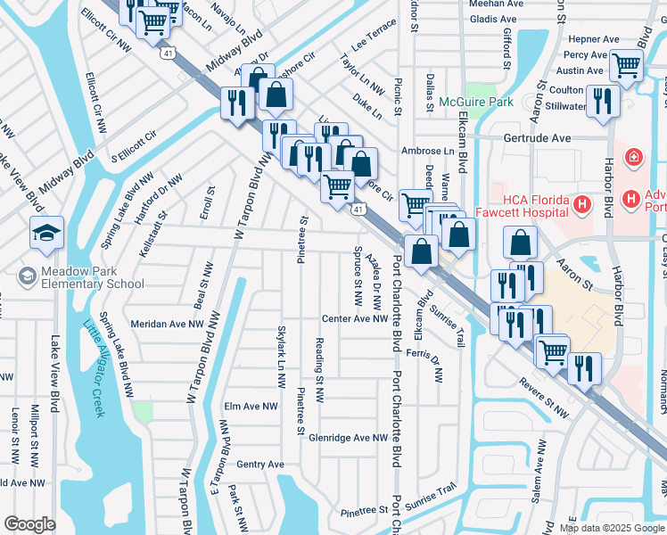 map of restaurants, bars, coffee shops, grocery stores, and more near 574 Ridgewood Street Northwest in Port Charlotte