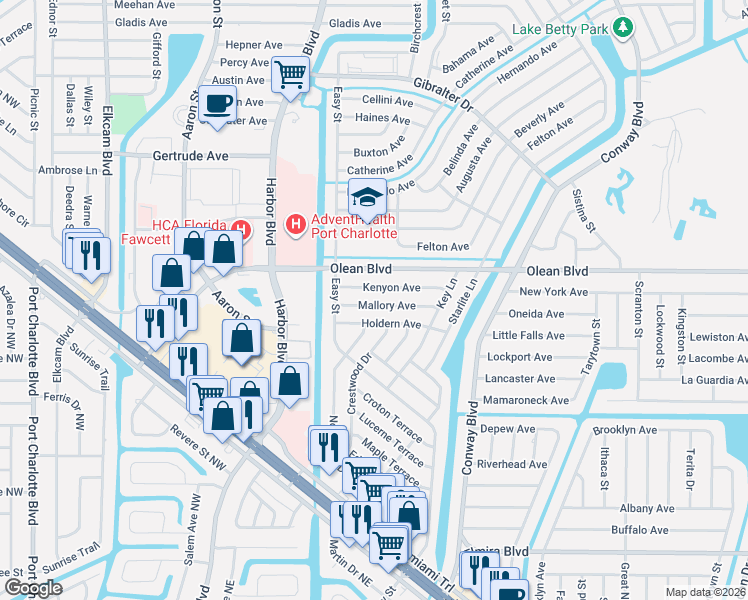 map of restaurants, bars, coffee shops, grocery stores, and more near 21480 Mallory Avenue in Port Charlotte