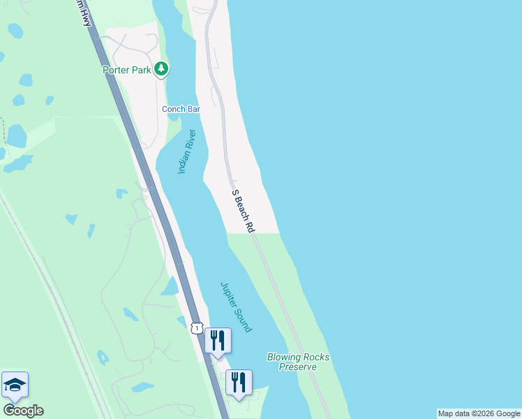 map of restaurants, bars, coffee shops, grocery stores, and more near 527 South Beach Road in Hobe Sound