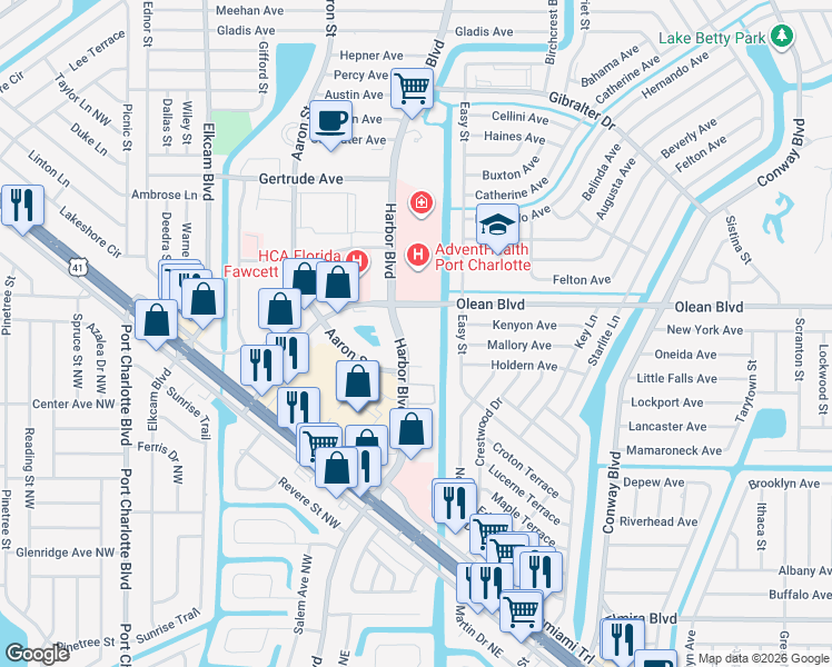 map of restaurants, bars, coffee shops, grocery stores, and more near 21405 Olean Boulevard in Port Charlotte