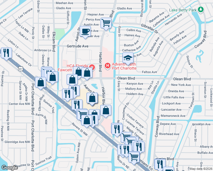 map of restaurants, bars, coffee shops, grocery stores, and more near 2500 Aaron Street in Port Charlotte