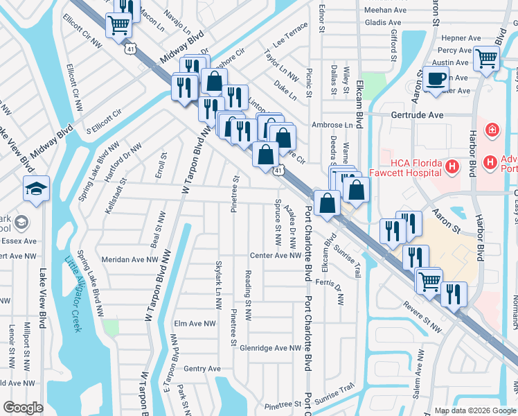 map of restaurants, bars, coffee shops, grocery stores, and more near 574 Ridgewood Street Northwest in Port Charlotte