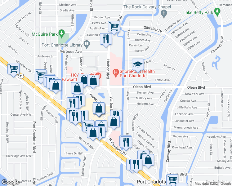 map of restaurants, bars, coffee shops, grocery stores, and more near 21405 Olean Boulevard in Port Charlotte